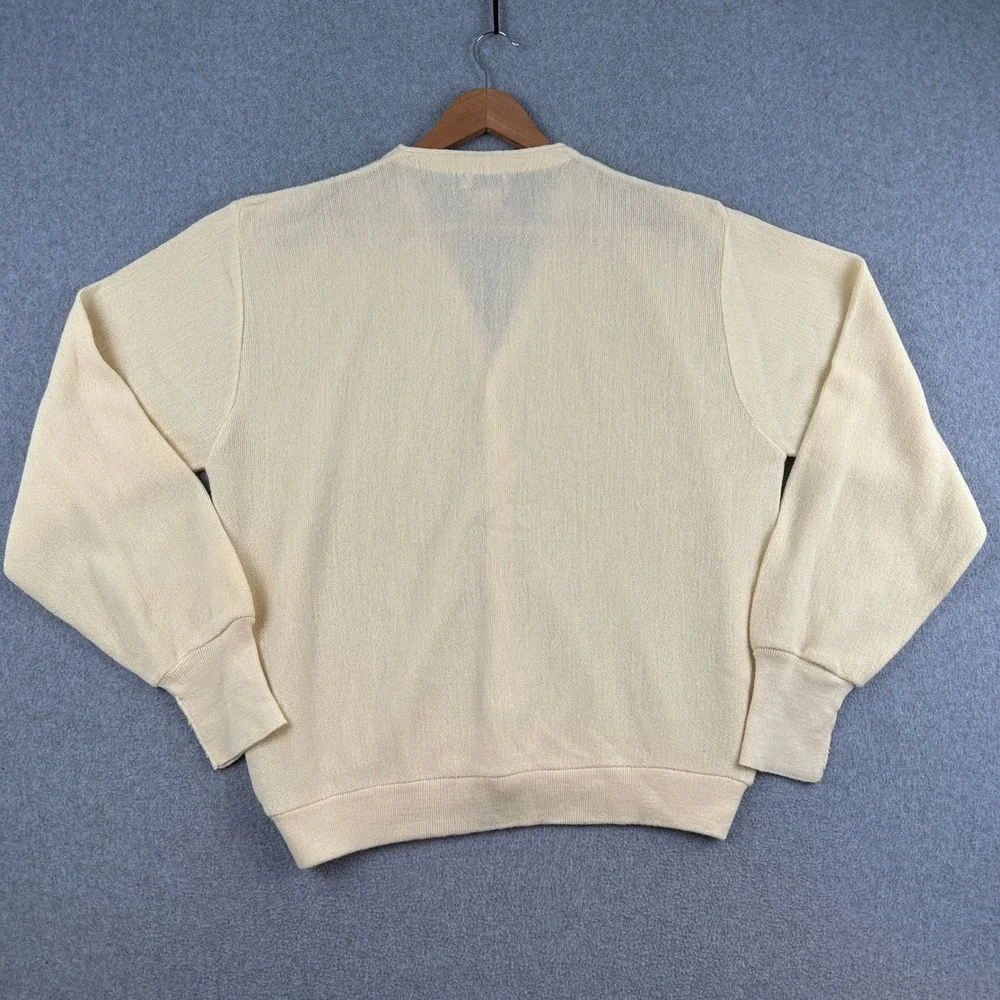 Izod Lacoste Cardigan Mens L Cream Vintage Acrylic V-Neck Sweater Logo USA Made